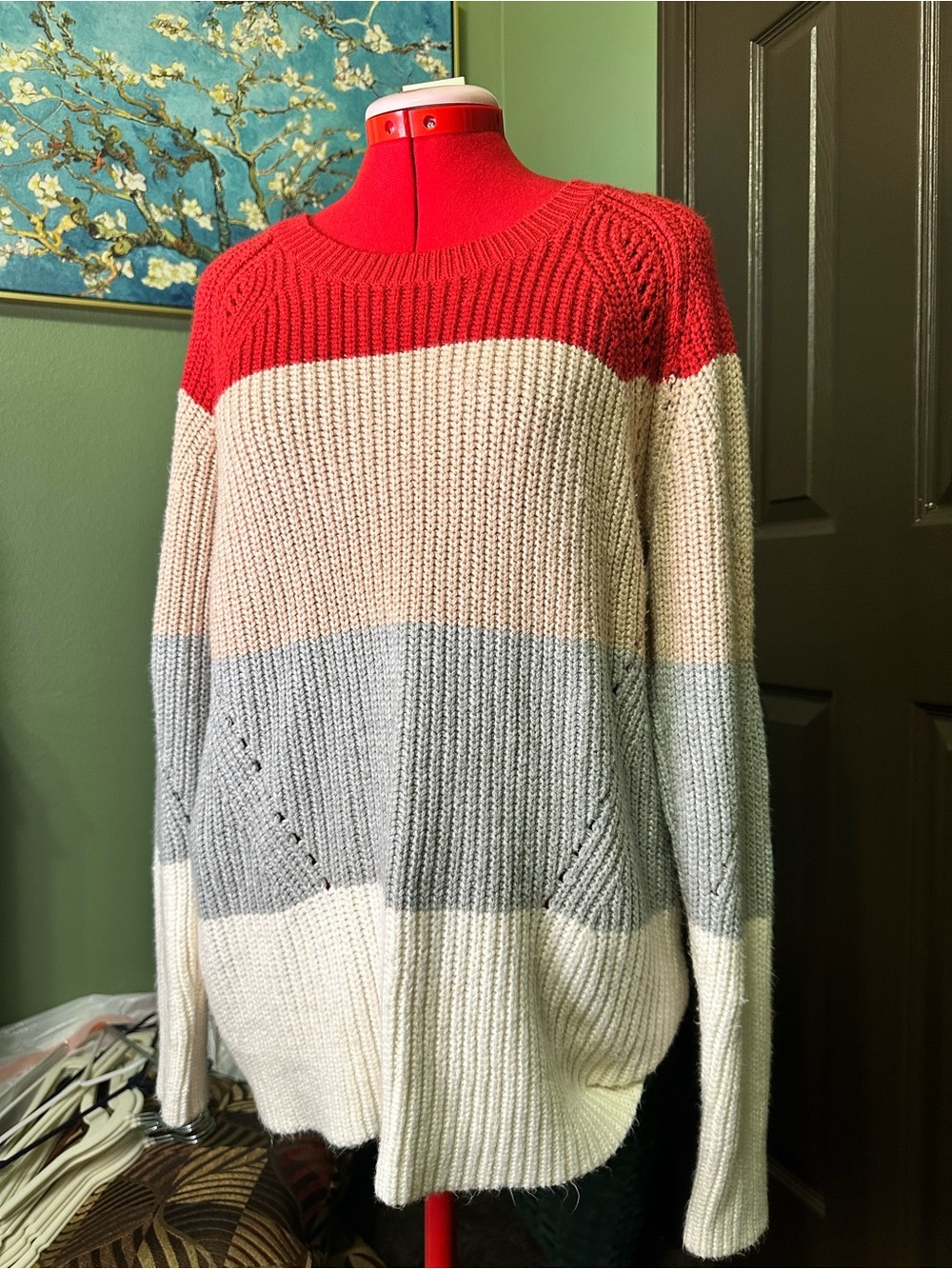 Lucky Brand Red, Gray & Cream Striped Crewneck Sweater